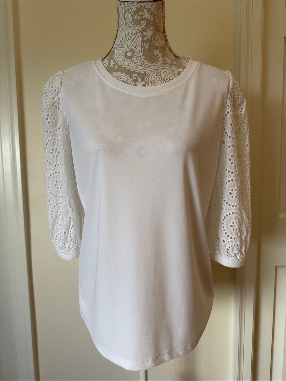 Karl Lagerfeld White Eyelet Lace Sleeve Blouse